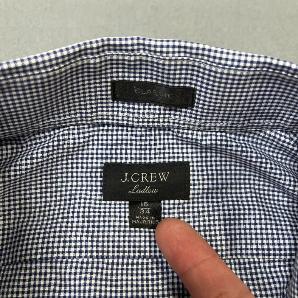 J.Crew Ludlow Dress Shirt Men Size 16 White Navy Gingham Check Classic Button-Up